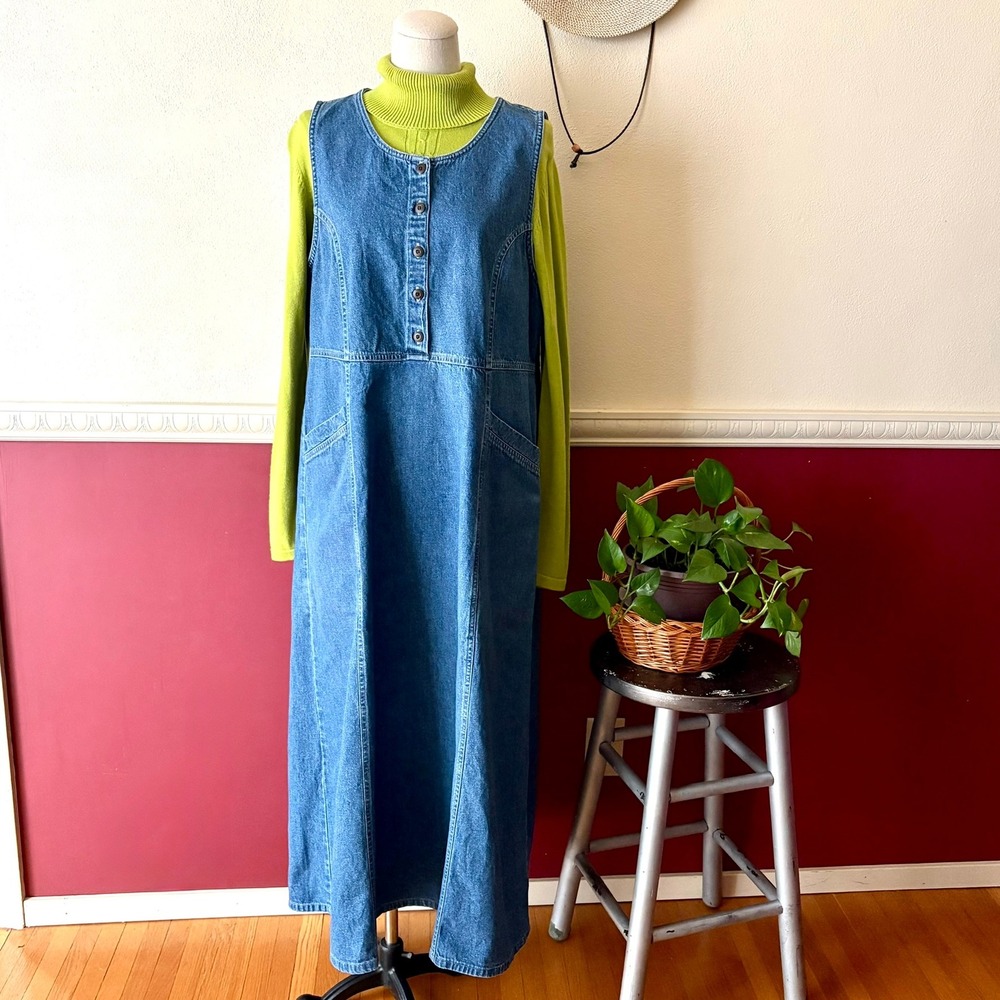 Vintage Eddie Bauer Cotton Denim Maxi Jumper Dress 10P Blue Sleeveless Pockets